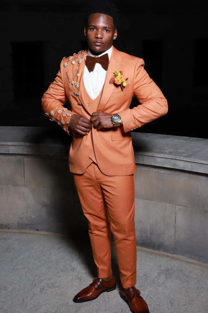 Chic Orange Peaked Lapel 3 Pieces Suits With Appliques