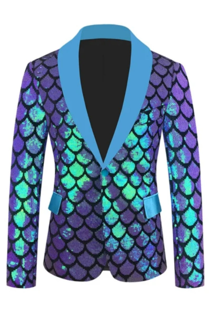Modern Plaid Shawl Lapel One Button Shiny Sequins Blazer