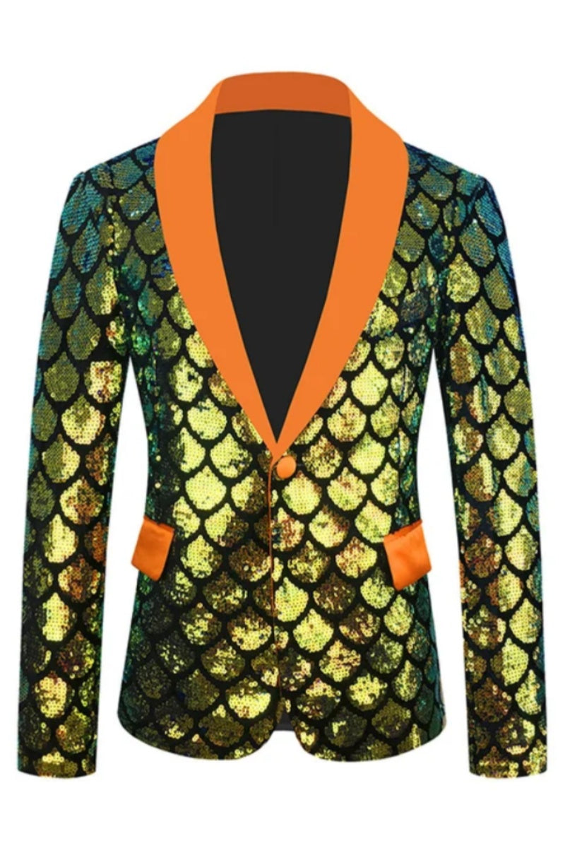 Modern Plaid Shawl Lapel One Button Shiny Sequins Blazer