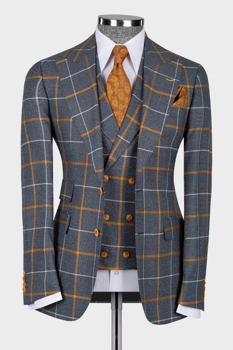 Simple Gray Plaid Slim Fit Business Men Suits With Waistcoat