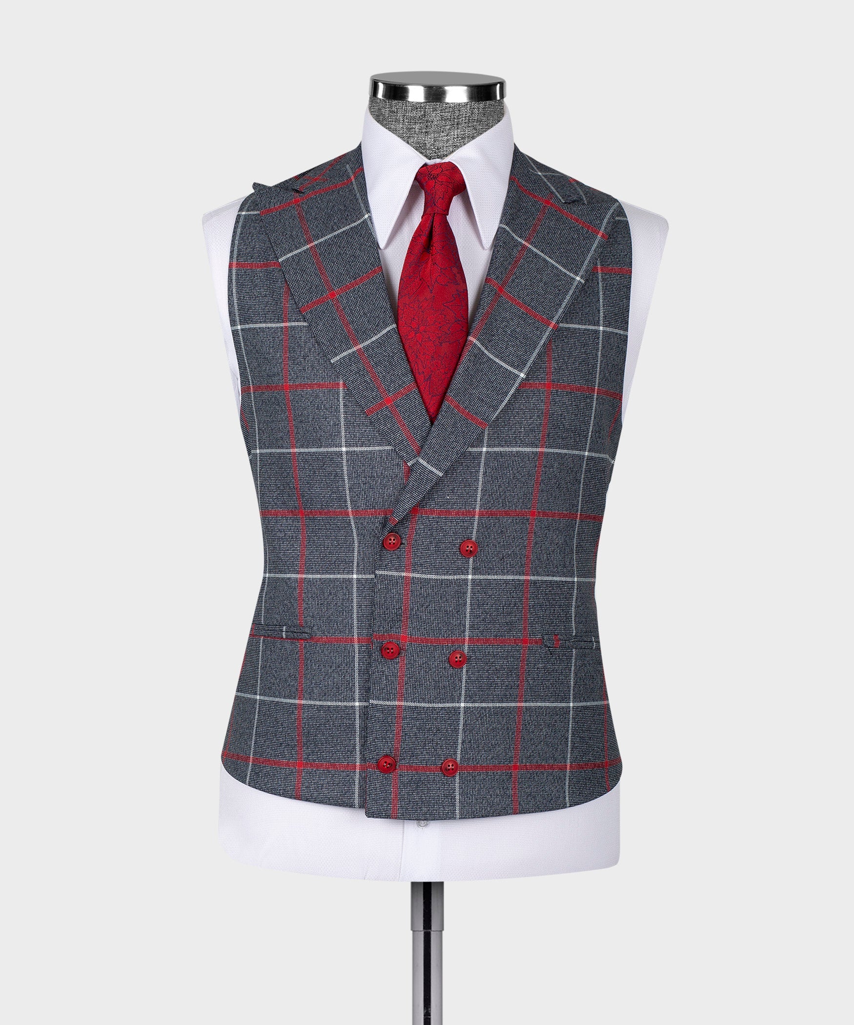 3 Pieces Close Fitting Gray Plaid Peaked Lapel Business Men Suits