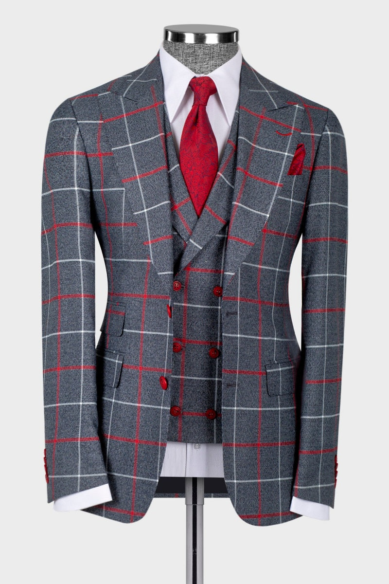 3 Pieces Close Fitting Gray Plaid Peaked Lapel Business Men Suits