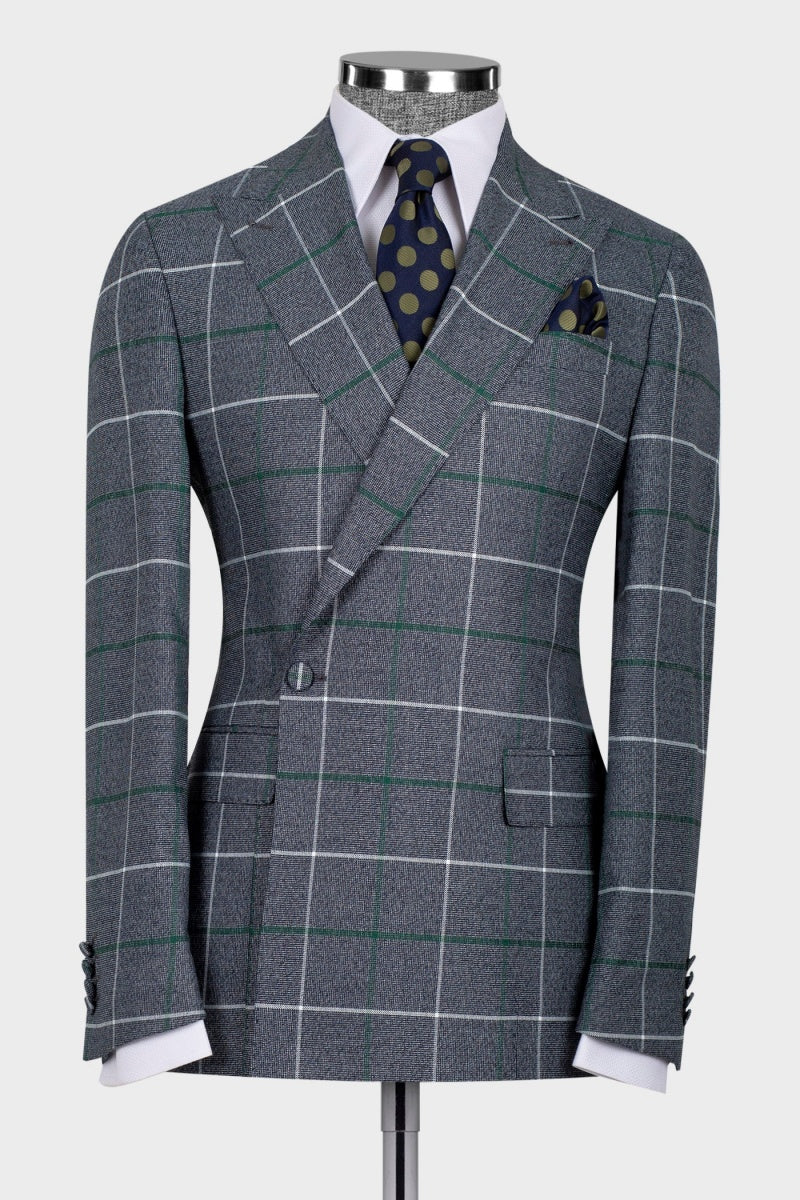 Close Fitting Gray Plaid One Button Business Men Suits