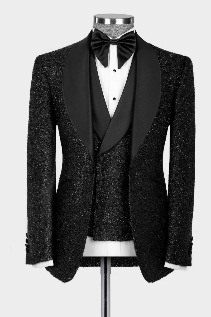 Sparkly Black 3 Pieces Shawl Lapel Bespoke Wedding Suit for Men