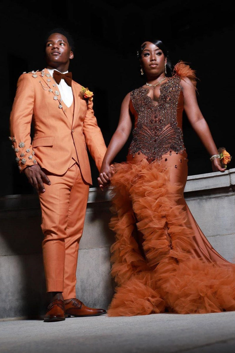 Chic Orange Peaked Lapel 3 Pieces Suits With Appliques