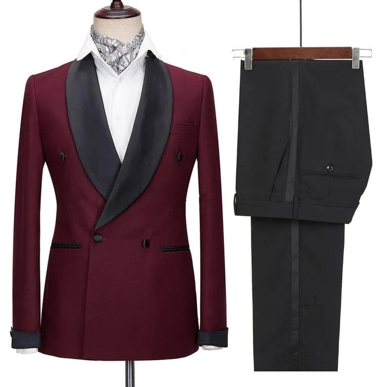 Glamorous Burgundy Double Breasted Shawl Lapel Wedding Suits