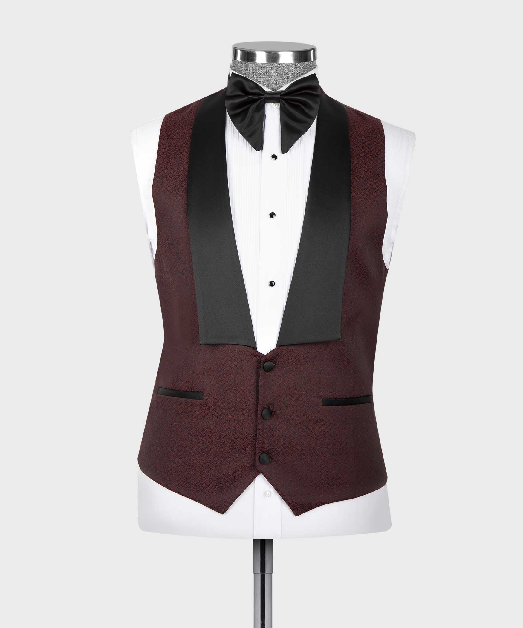 Burgundy Peaked Lapel Close Fitting Men Suits With Waistcoat