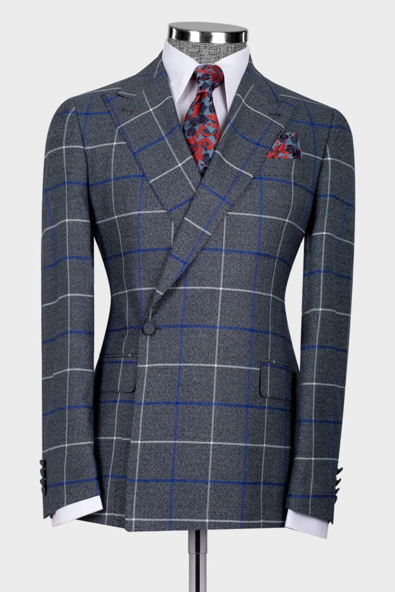 Stylish Gray Plaid Popular Peaked Lapel Formal Suits For Men