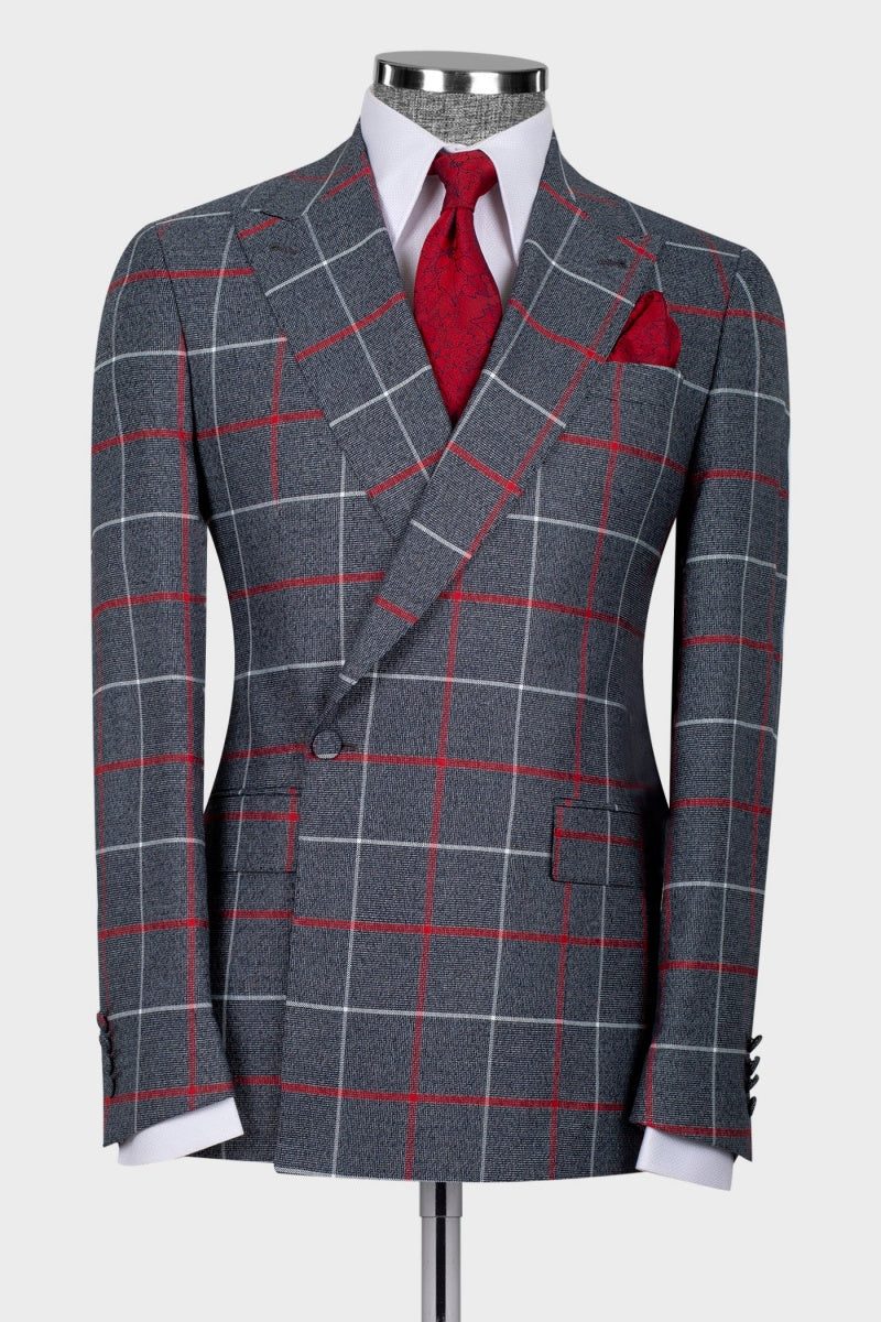 Formal Gray Plaid Slim Fit Suits For Men With One Button
