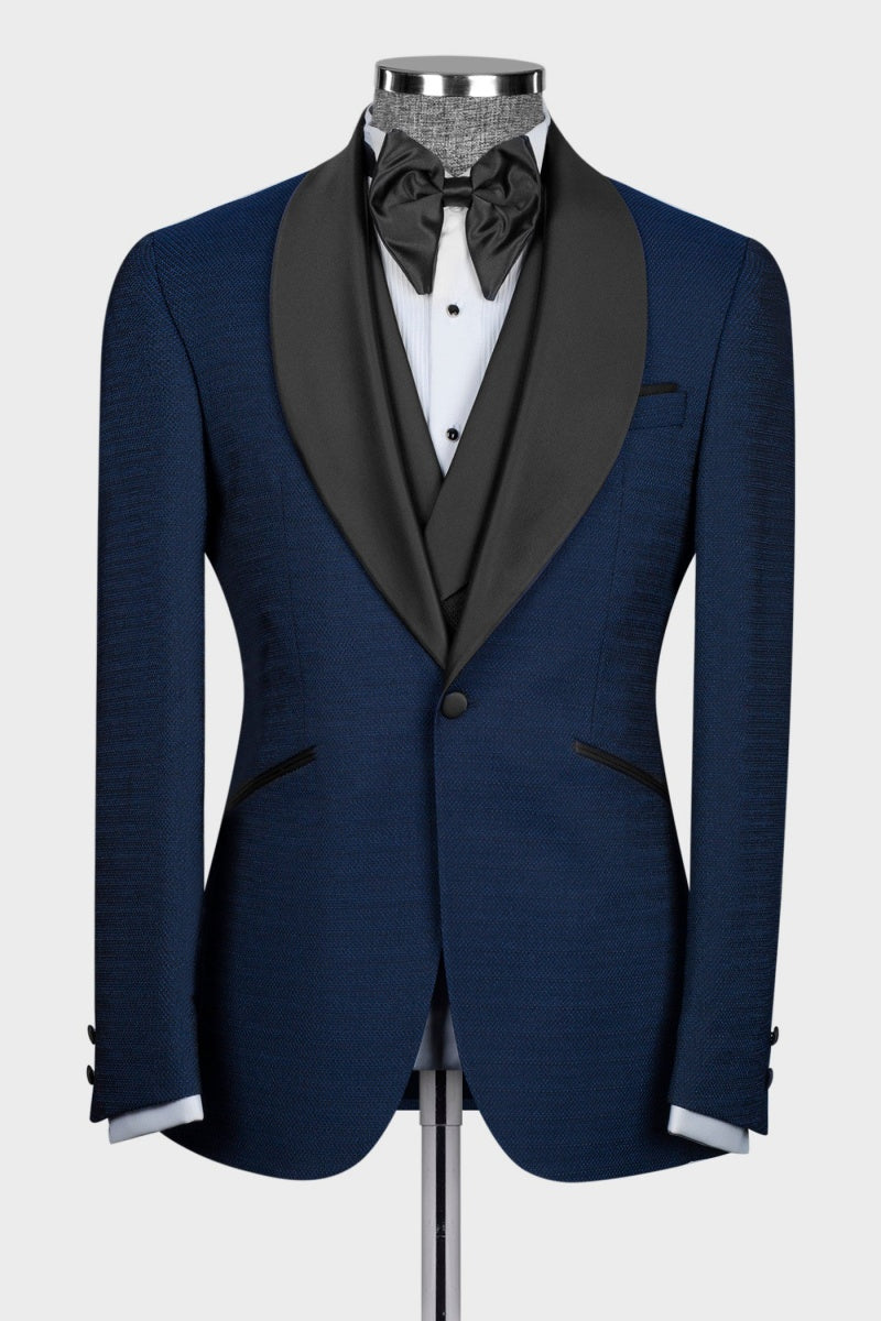 Dark Blue Fancy Shawl Lapel Popular Suits For Men With Waistcoat