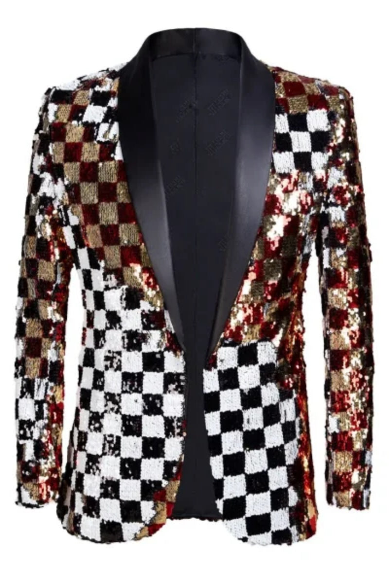 Men Stylish Shiny Plaid Sequins Blazer With Silk Shawl Lapel