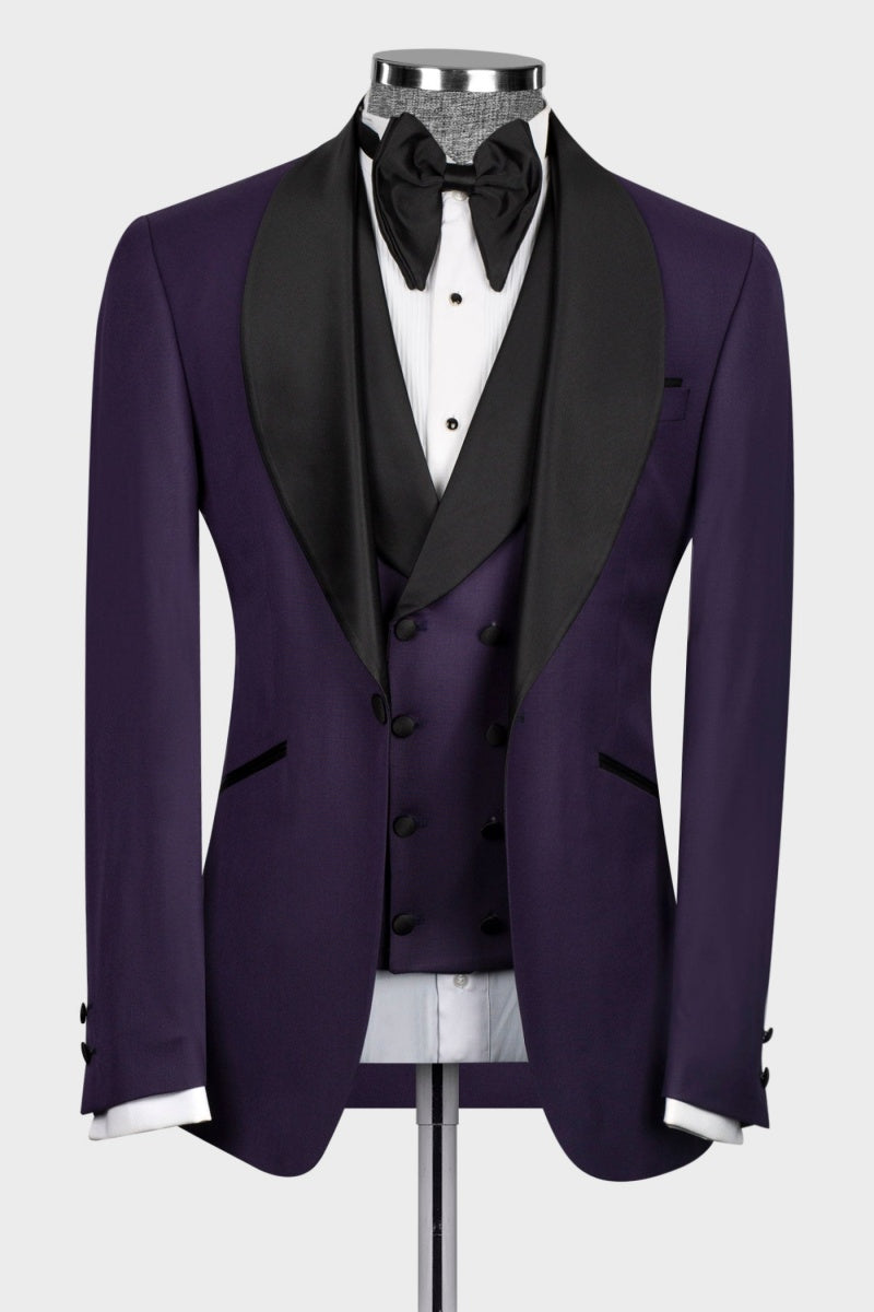 Deep Purple Popular Shawl Lapel Wedding Suits With Waistcoat