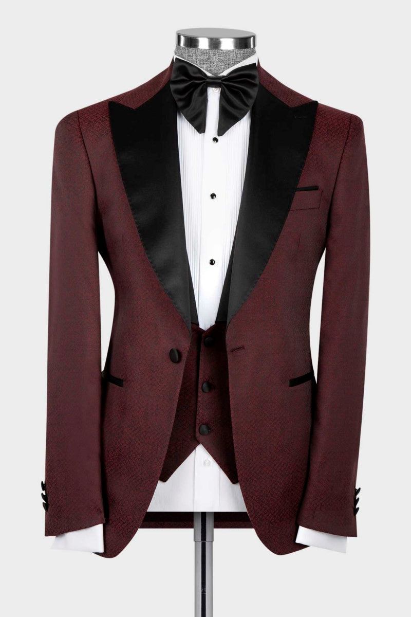 Burgundy Peaked Lapel Close Fitting Men Suits With Waistcoat