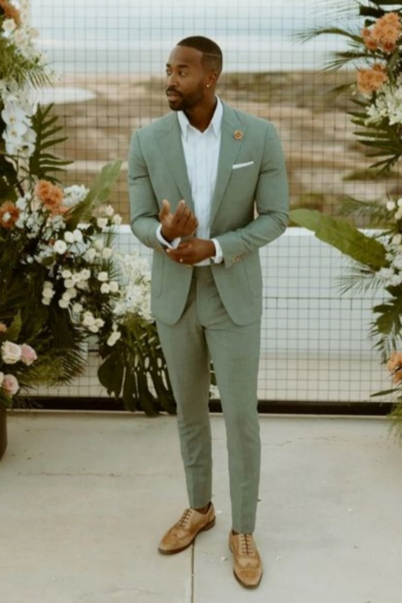 Stylish Might Green Newest Peaked Lapel Prom Men Suits