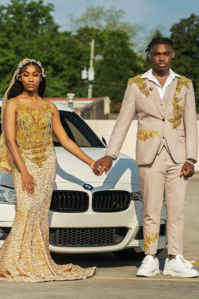 New Arrival 3 Pieces Khaki Notched Lapel With Gold Appliques Men Suits