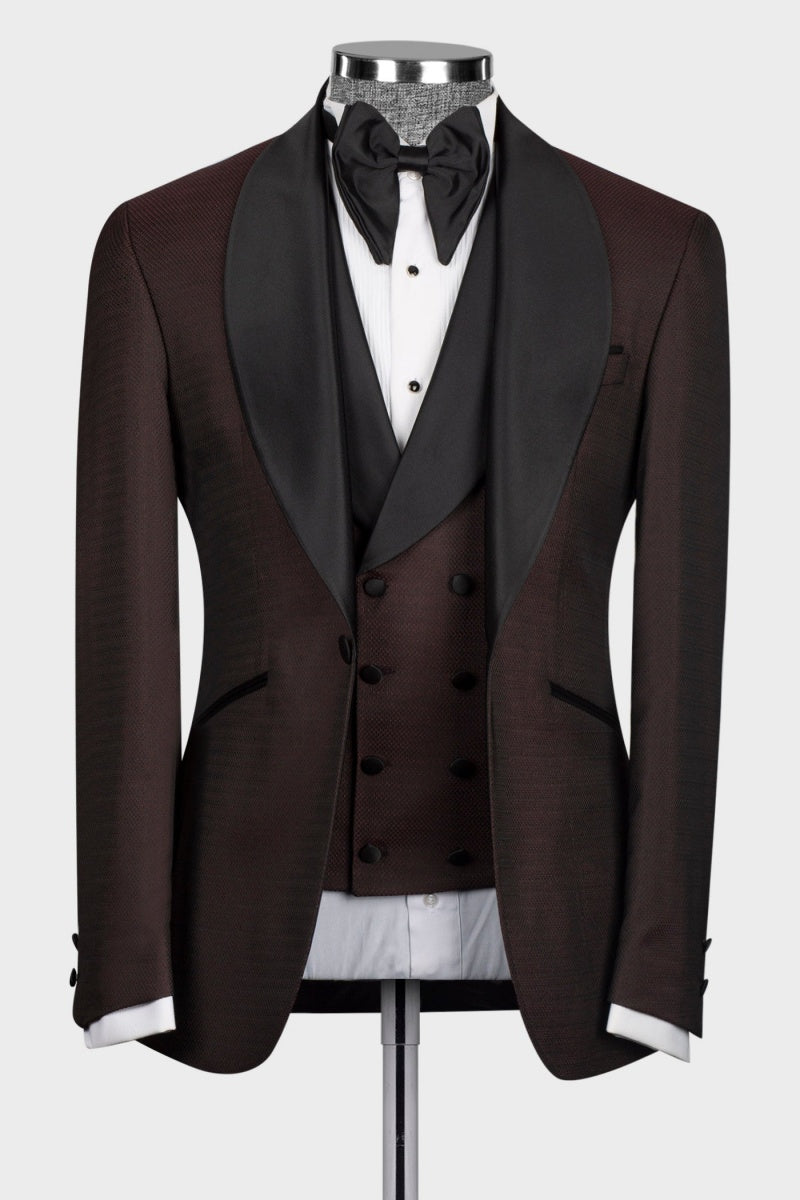 3 Pieces Deep Burgundy Chic Shawl Lapel Wedding Suits For Men