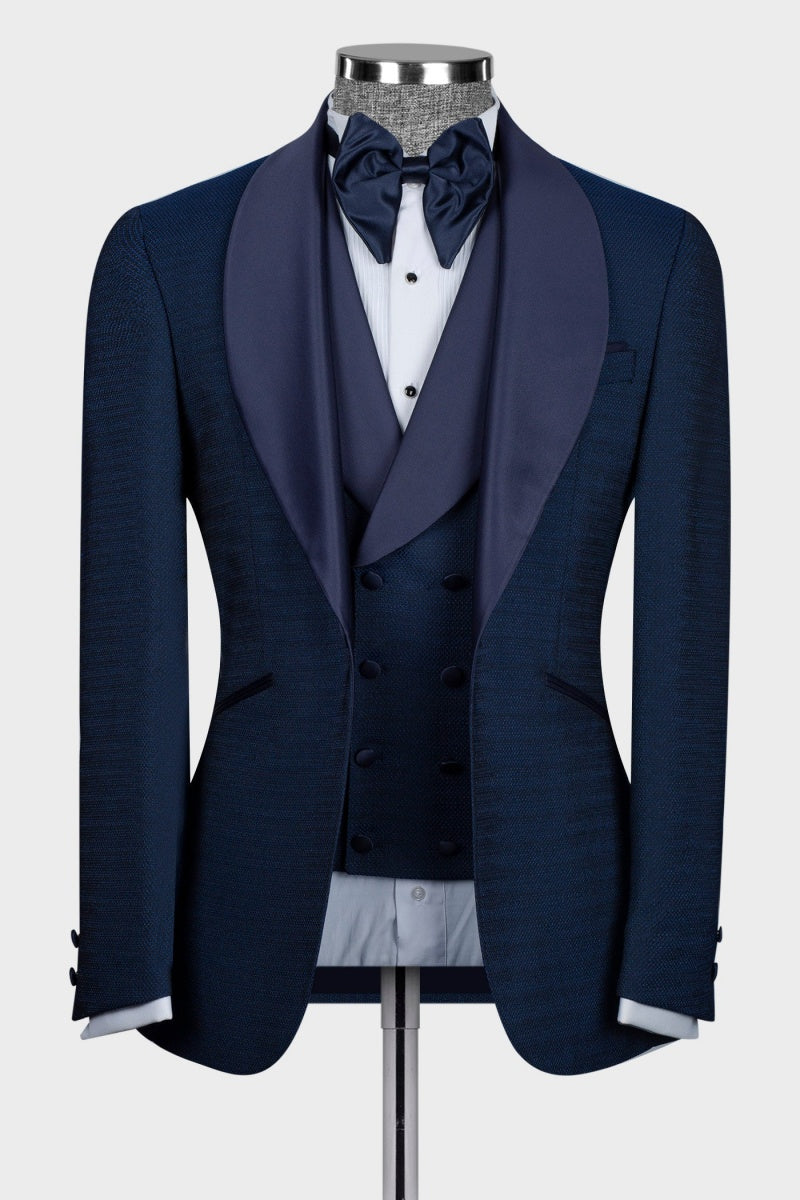 Dark Blue Simple Shawl Lapel 3 Pieces Men's Wedding Suits