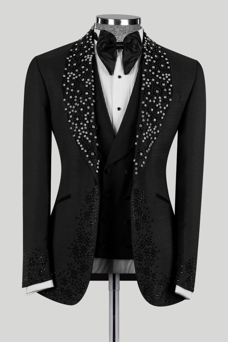 Modern Black Chic Shawl Lapel 3 Pieces Wedding Suits With Beading