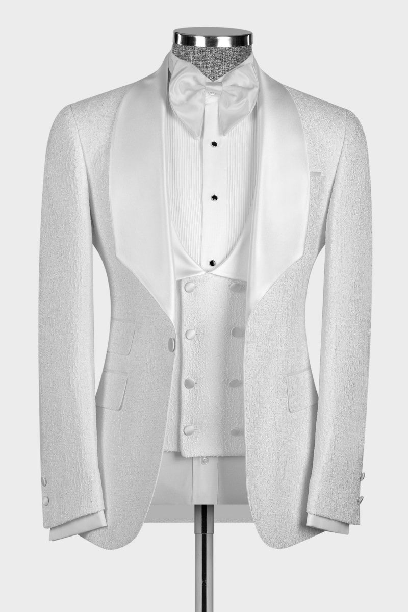 Popular White Jacquard Shawl Lapel Men's Wedding Suits With Waistcoat