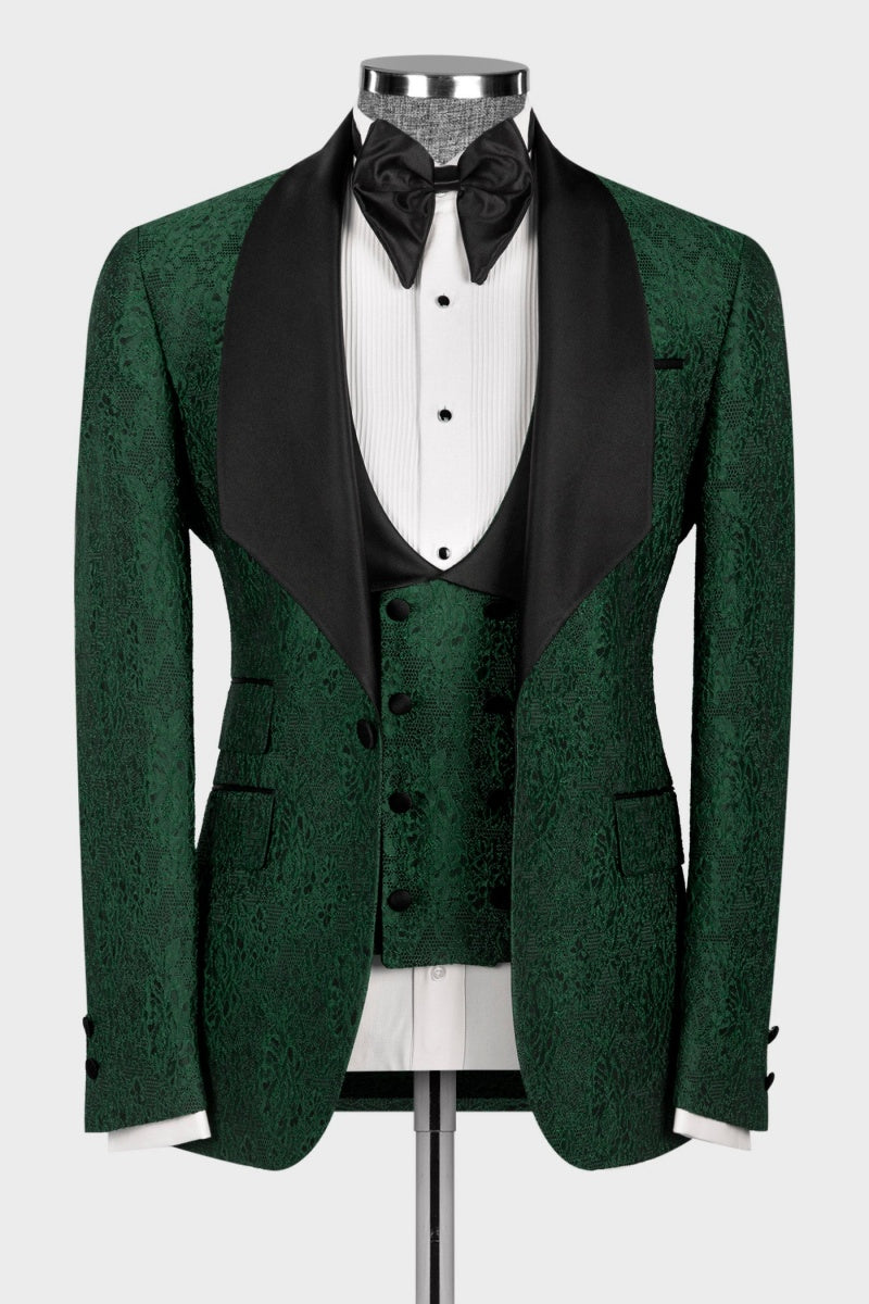 3 Pieces Green Jacquard Fashion Wedding Suits For Men