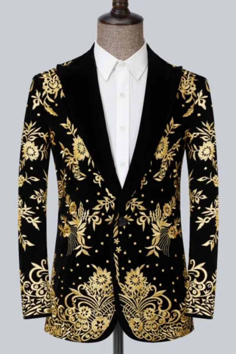 Luxury Golden Embroidery Black Men Blazer