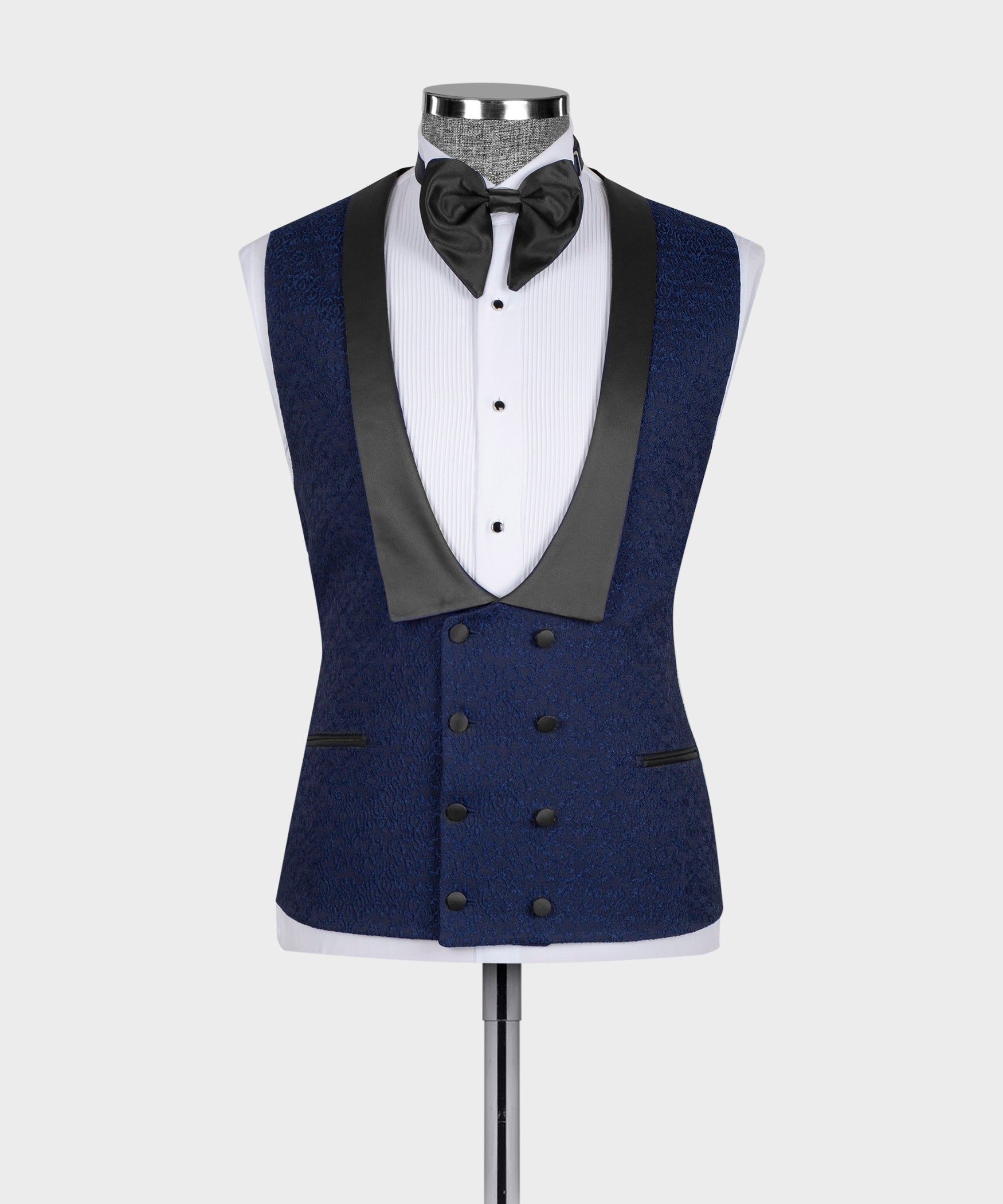 Chic Dark Blue Jacquard Slim Fit Men's Wedding Suits With Waistcoat