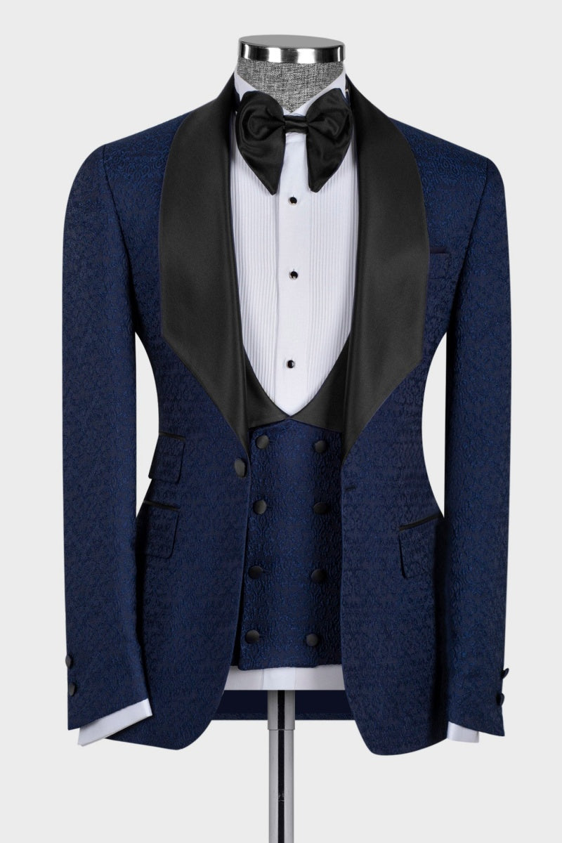 Chic Dark Blue Jacquard Slim Fit Men's Wedding Suits With Waistcoat