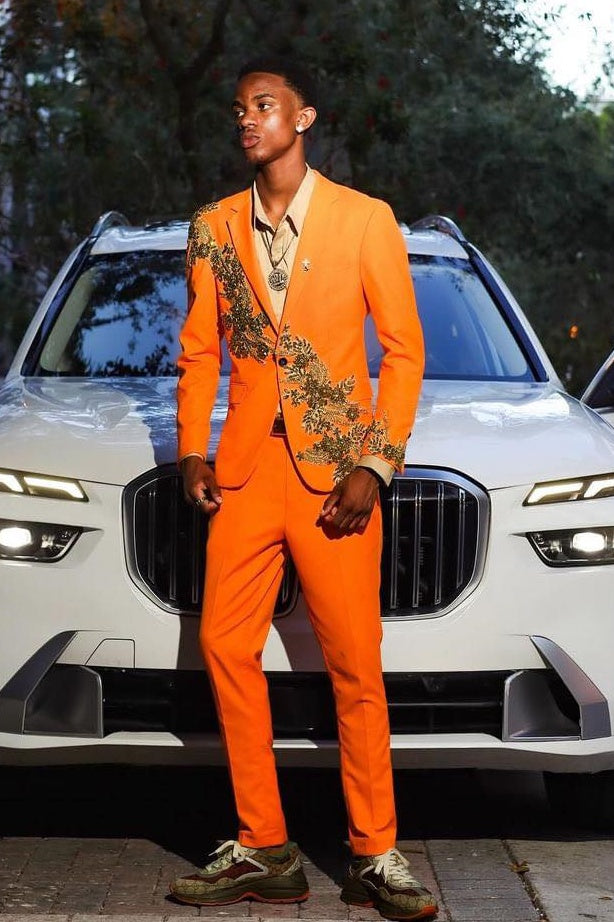 Modern Orange Slim Fit Suits With Gold Appliques