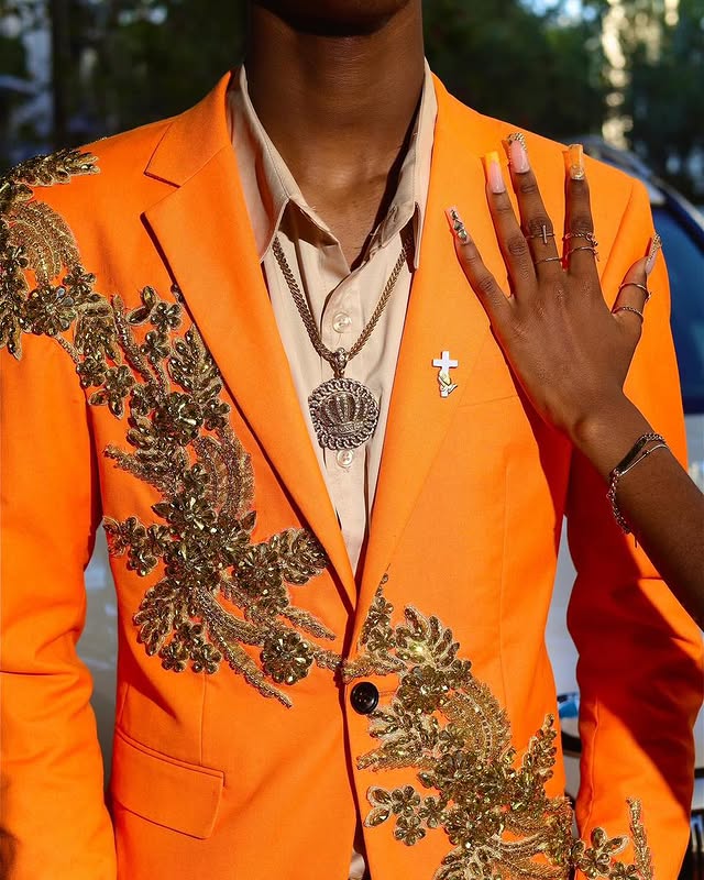 Modern Orange Slim Fit Suits With Gold Appliques