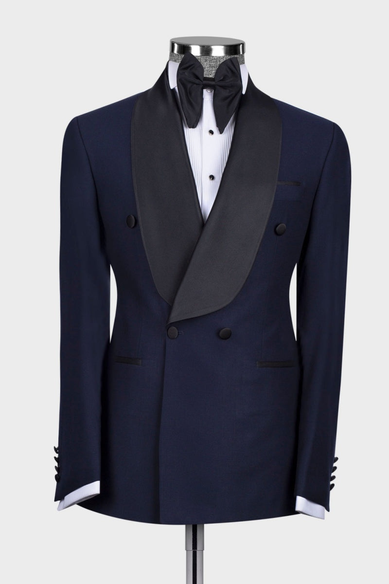 Newest Dark Blue With Black Satin Shawl Lapel Wedding Suits For Men