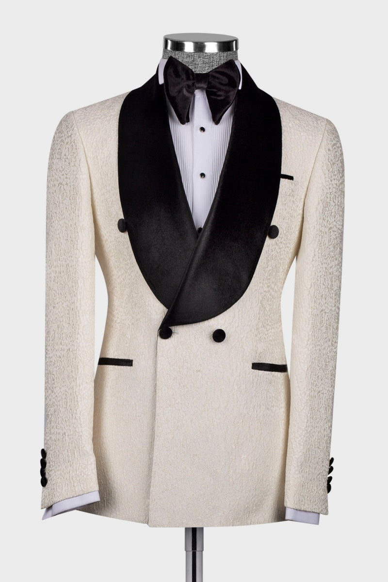Beige Jacquard Slim Fit Shawl Lapel Double Breasted Wedding Suits
