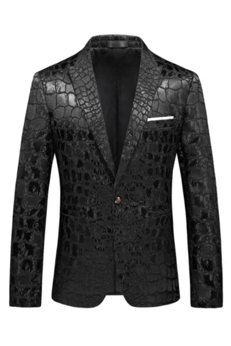Men New Fashion Plaid Peaked Lapel Slim Fit Black Blazer