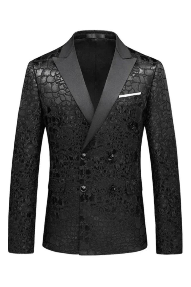 Men New Fashion Plaid Peaked Lapel Slim Fit Black Blazer