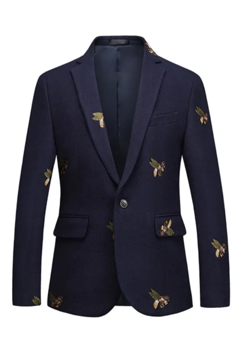 Fashion New Navy Blue Printed Men Blazer