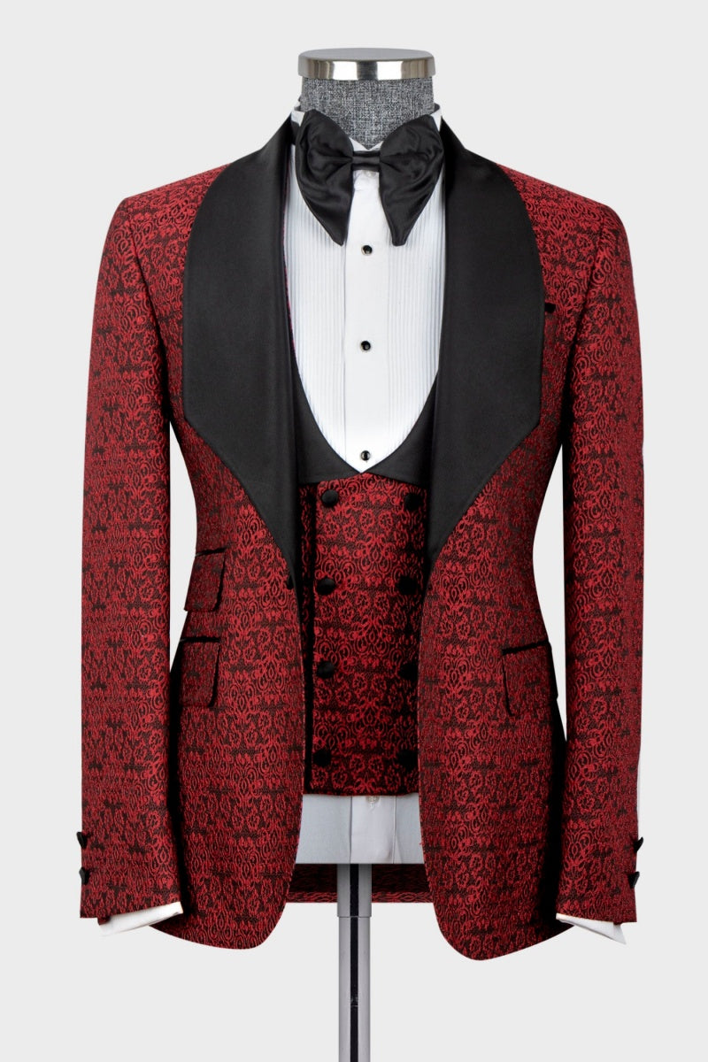 Red Jacquard Shawl Lapel Chic 3 Pieces Wedding Suits For Men