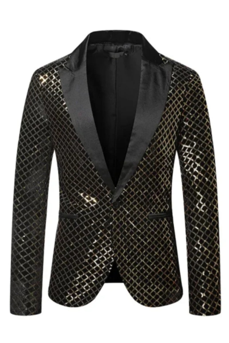 Men Fashion Sequins Plaid Pattern Peak Lapel Blazers
