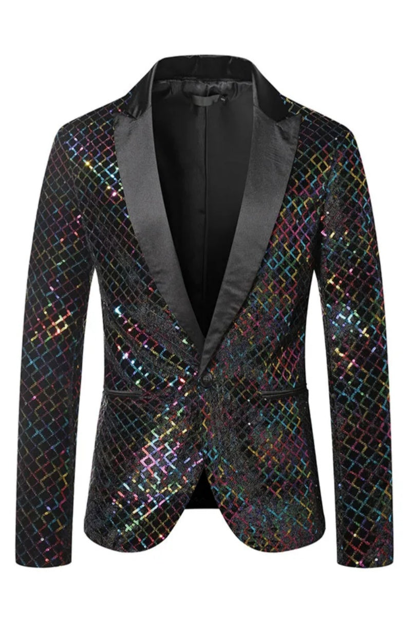 Men Fashion Sequins Plaid Pattern Peak Lapel Blazers