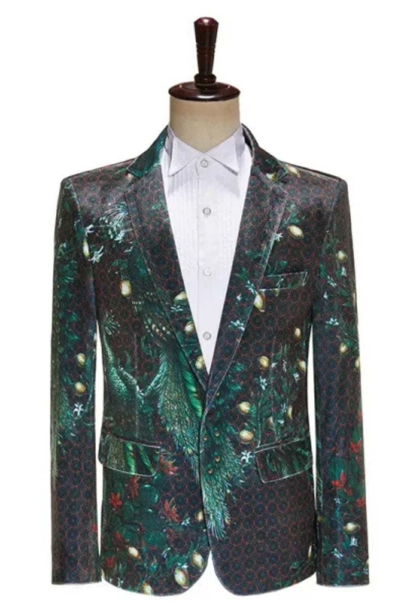 Green Peacock Floral Print Slim Fit One Button Men's Jacket