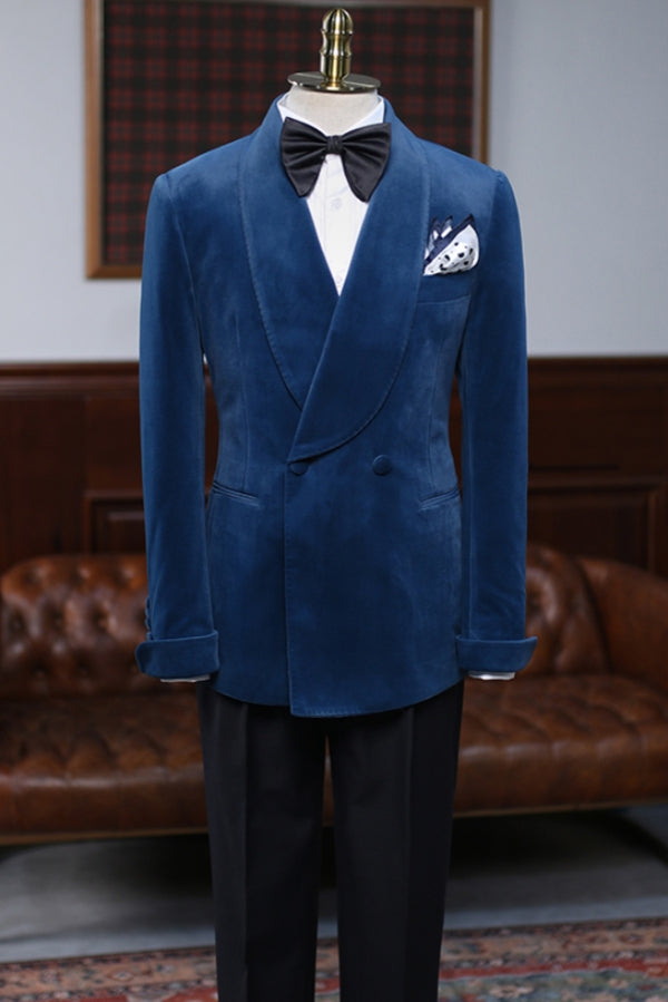 Gentle Blue Shawl Lapel Velvet Double Breasted Wedding Suits