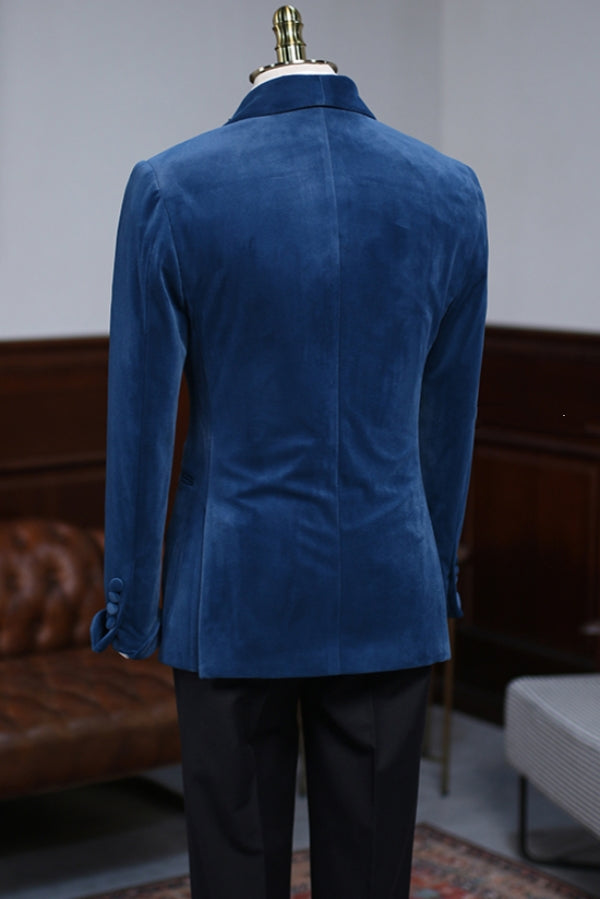 Gentle Blue Shawl Lapel Velvet Double Breasted Wedding Suits