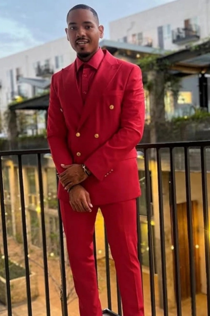 Newest Red Peaked Lapel Double Breasted Chic Prom Men Suits