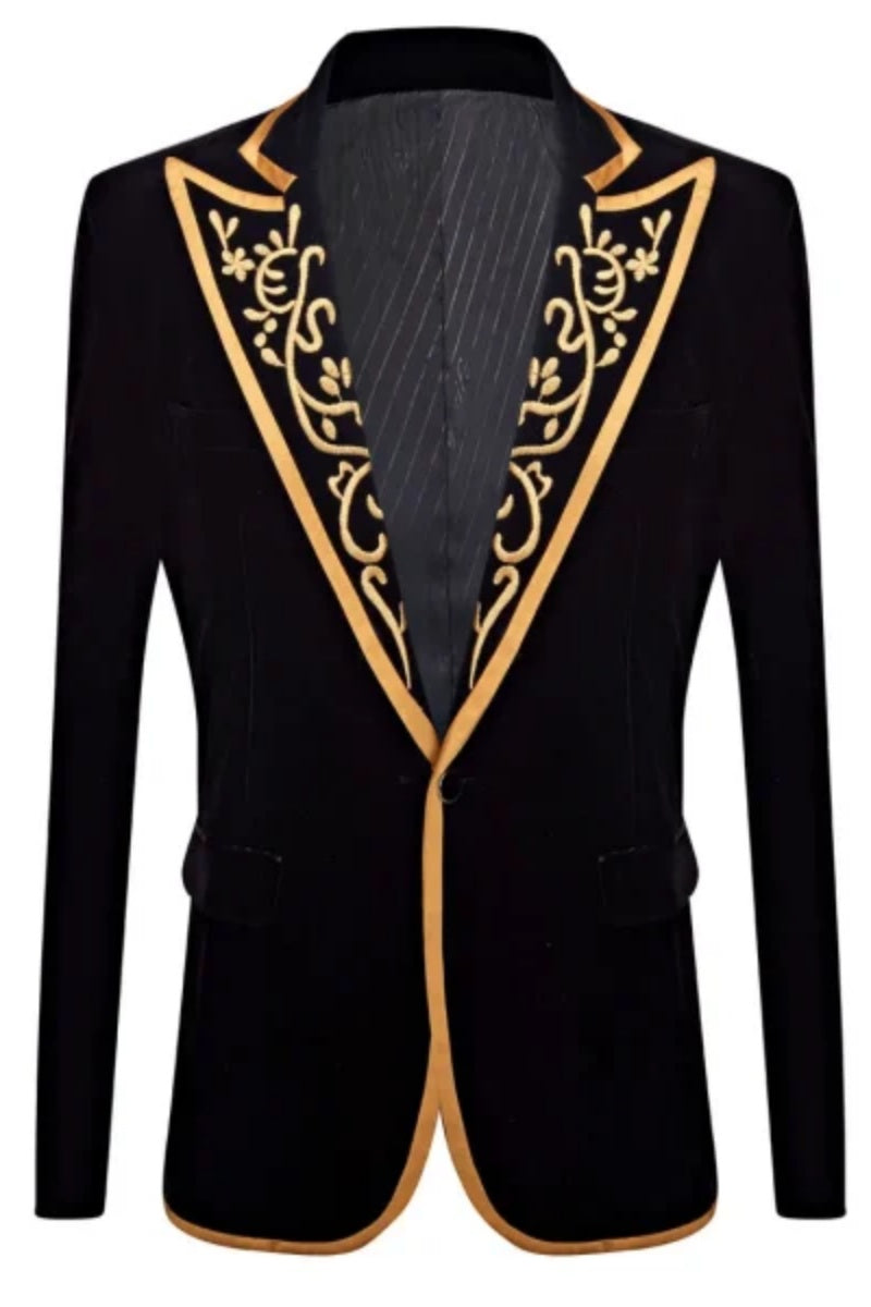 Men's Stylish Black Velvet Gold Embroidery Blazer
