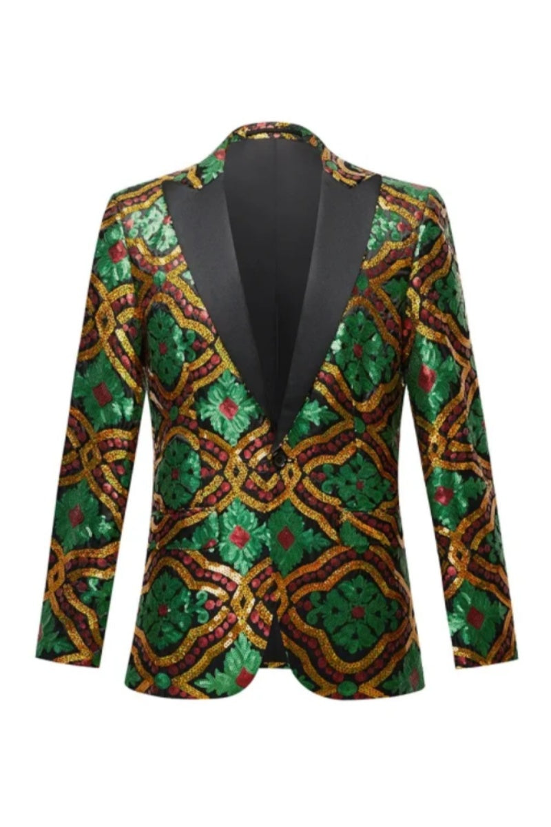 Men's Fashion Green Gold Sequins Floral Jacket