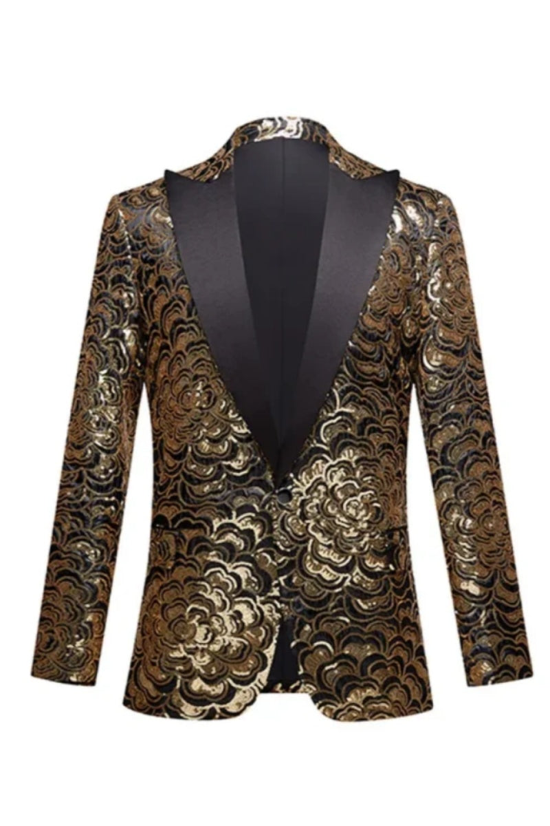Men Shiny Gold Rose Floral Sequin Blazer