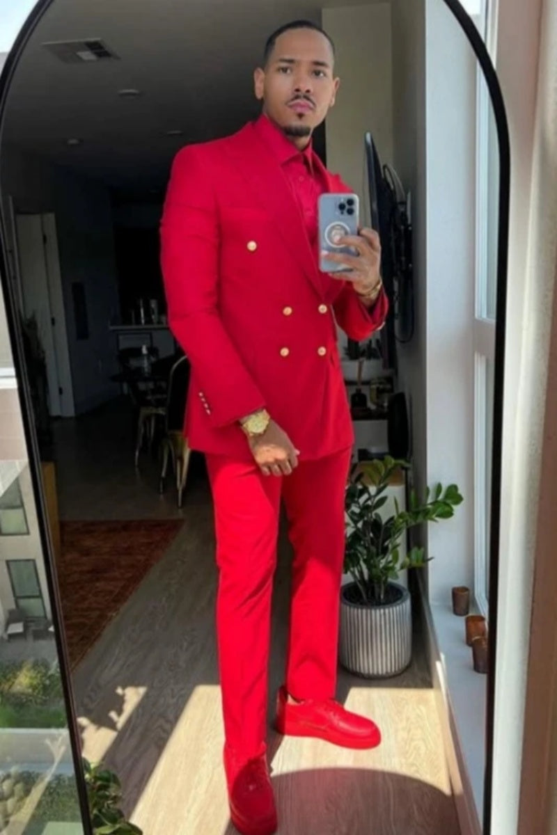 Newest Red Peaked Lapel Double Breasted Chic Prom Men Suits