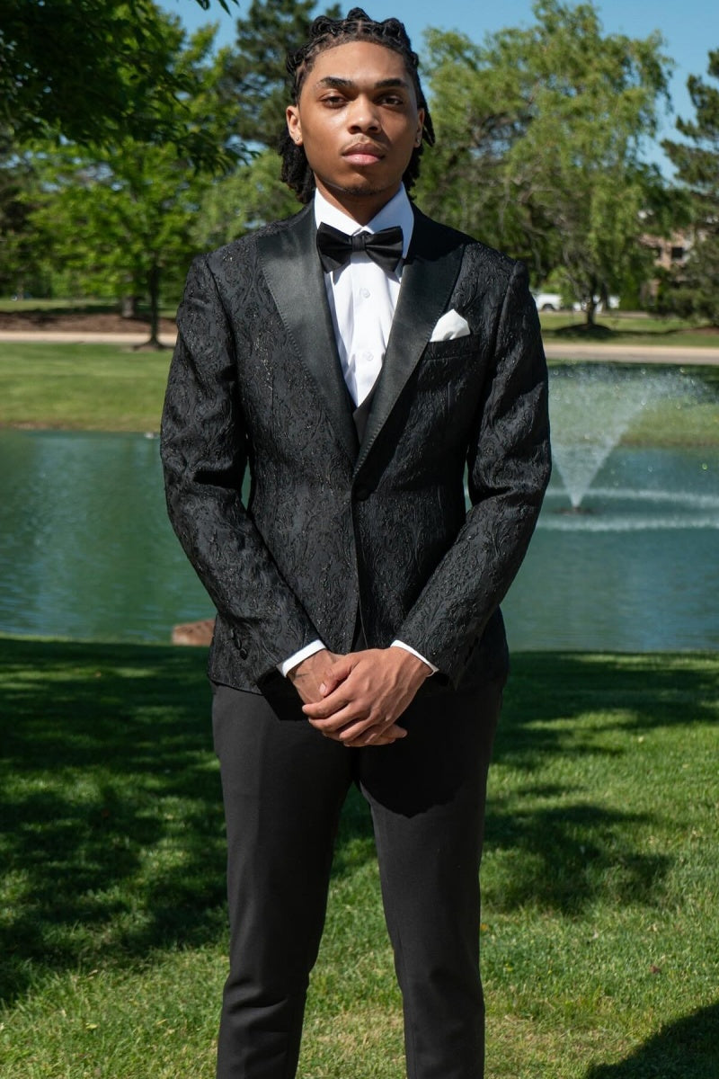 Stylish Black Peaked Lapel Jacquard Suits With Waistcoat