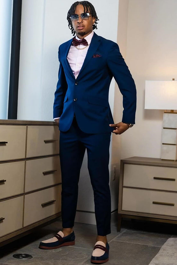 Modern Dark Blue Chic Notched Lapel Prom Men Suits
