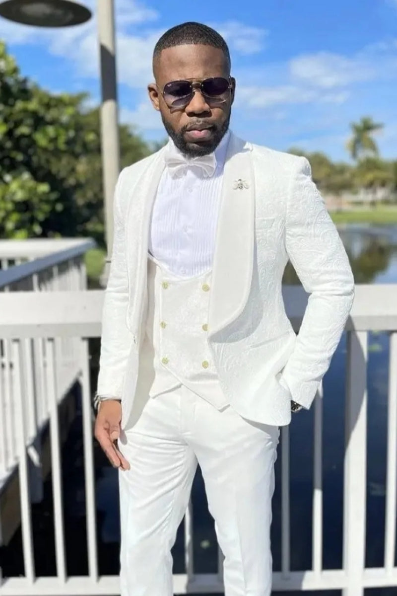 White Bespoke Jacquard Shawl Lapel Slim Fit Men's Prom Suits