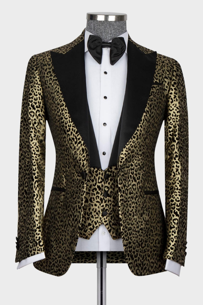 Modern Gold Leopard Jacquard 3 Pieces Prom Men Suits
