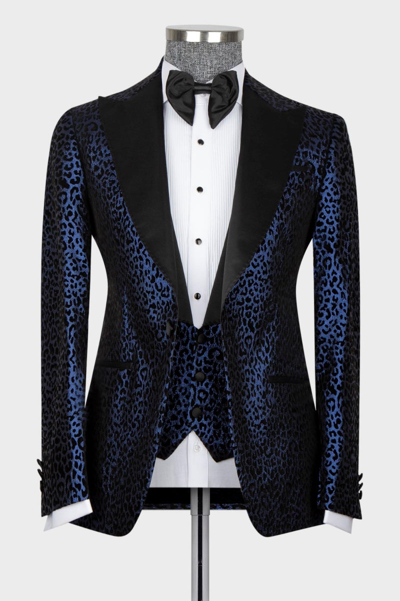 Glamorous Dark Blue Leopard Jacquard Prom Suits For Men
